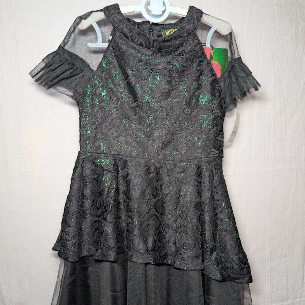 NWT Girls Wicked inspired Black with Green Sparkles Lacey Dress size S